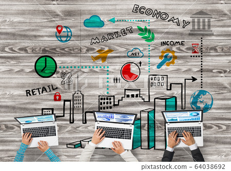Top view of businesspeople sitting at table and using gadgets Top view of businesspeople sitting at table and using gadgets 64038692