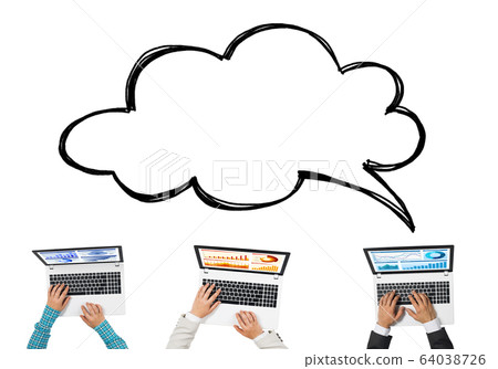 Top view of businesspeople sitting at table and using gadgets Top view of businesspeople sitting at table and using gadgets 64038726