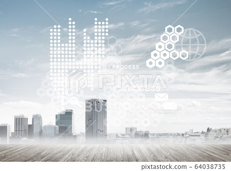 Natural background with modern cityscape wooden floor and media interface Natural background with modern cityscape wooden floor and media interface 64038735