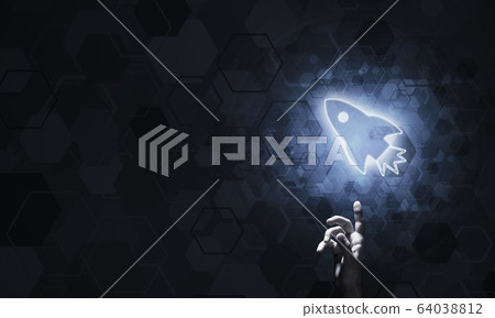 Technology idea concept with glowing rocket icon and touching it Technology idea concept with glowing rocket icon and touching it 64038812