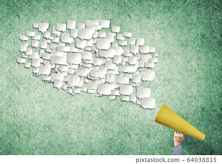 Hand of man holding red paper trumpet and speech cloud Hand of man holding red paper trumpet and speech cloud 64038815