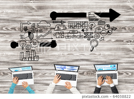 Top view of businesspeople sitting at table and using gadgets Top view of businesspeople sitting at table and using gadgets 64038822