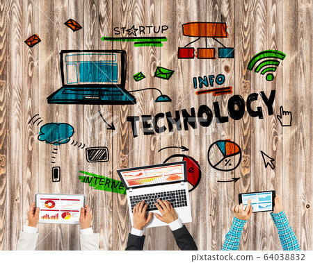 Top view of businesspeople sitting at table and using gadgets 64038832