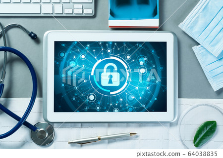 Web security and technology concept with tablet pc on table Web security and technology concept with tablet pc on table 64038835