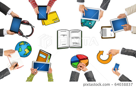 Top view of businesspeople sitting at table and using gadgets Top view of businesspeople sitting at table and using gadgets 64038837