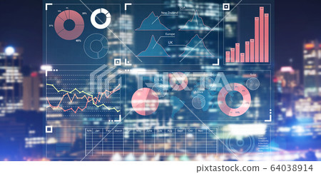Financial consulting and analytics concept with infographs on screen and cityscape at background Financial consulting and analytics concept with infographs on screen and cityscape at background 64038914