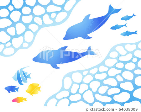 Hand drawn style illustration set of water frame, dolphin and tropical fish 64039009