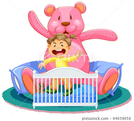 Scene with little girl in crib with giant teddy Scene with little girl in crib with giant teddy 64039058