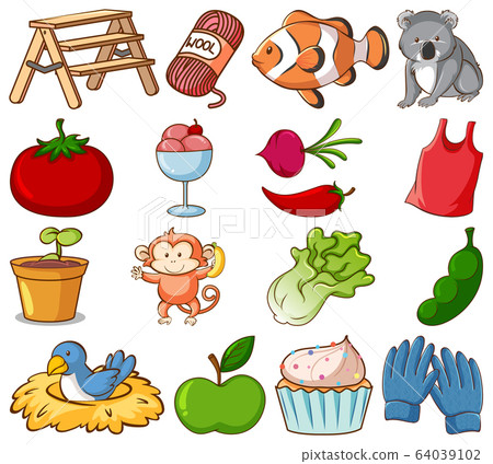 Large set of different food and other items on Large set of different food and other items on 64039102