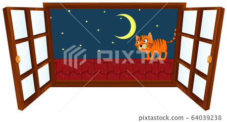 Window scene with little cat on the roof at night Window scene with little cat on the roof at night 64039238