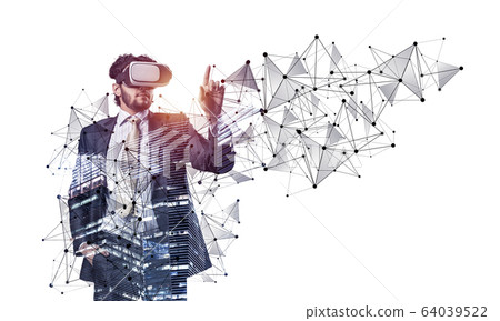 Businessman wearing VR headset working Businessman wearing VR headset working 64039522