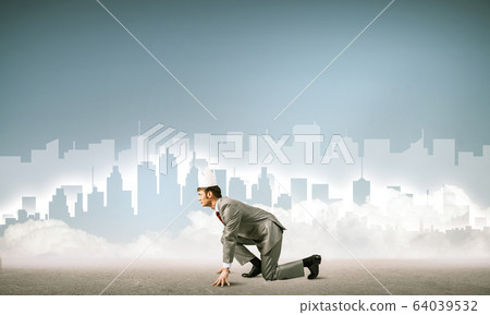 King businessman in elegant suit running and blue cityscape silh 64039532