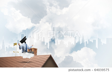 Concept of security and privacy protection with camera headed man meditating Concept of security and privacy protection with camera headed man meditating 64039575