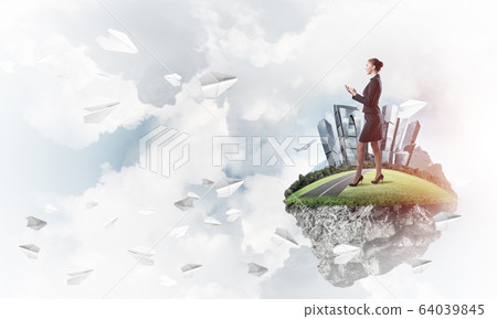 Confident lady boss and modern city as concept of eco green cons Confident lady boss and modern city as concept of eco green cons 64039845