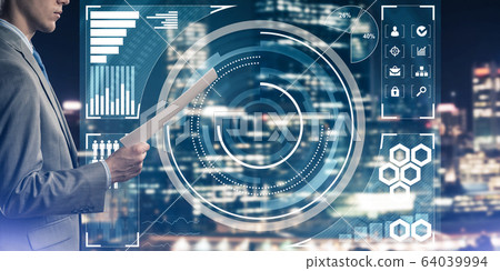 Digital background with infographs and man extending papers or c Digital background with infographs and man extending papers or c 64039994