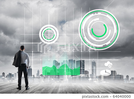 Pensive businessman looking at user interface against modern city background Pensive businessman looking at user interface against modern city background 64040000