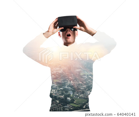 Guy wearing checked shirt and virtual mask demonstrating shock or surprise Guy wearing checked shirt and virtual mask demonstrating shock or surprise 64040141