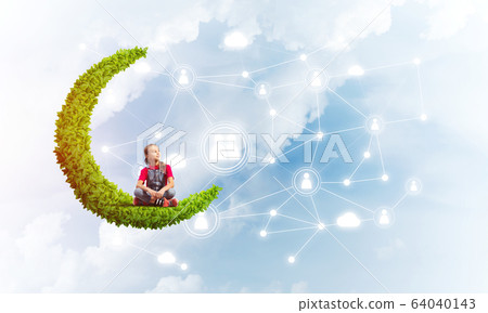 Concept of careless happy childhood with girl dreaming about something Concept of careless happy childhood with girl dreaming about something 64040143