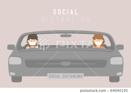Man and woman with mask in car keep distance to protection covid-19 outbreak, Social distancing concept poster or social banner design illustration on background with copy space, vector eps 10 Man and woman with mask in car keep distance to protection covid-19 outbreak, Social distancing concept poster or social banner design illustration on background with copy space, vector eps 10 64040195
