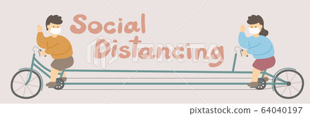 Man and woman with mask and bicycle keep distance to protection covid-19 outbreak, Social distancing concept poster or social banner design illustration on background with copy space, vector eps 10 Man and woman with mask and bicycle keep distance to protection covid-19 outbreak, Social distancing concept poster or social banner design illustration on background with copy space, vector eps 10 64040197