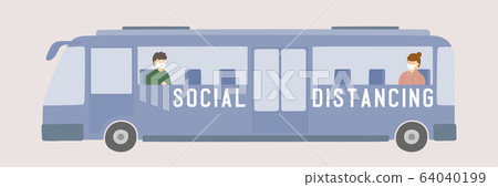 Man and woman with mask in bus keep distance to protection covid-19 outbreak, Social distancing concept poster or social banner design illustration on background with copy space, vector eps 10 Man and woman with mask in bus keep distance to protection covid-19 outbreak, Social distancing concept poster or social banner design illustration on background with copy space, vector eps 10 64040199