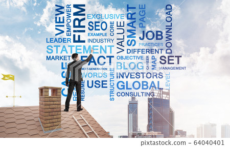 Young businessman standing on house roof and writing leadership skill concept. Mixed media 64040401
