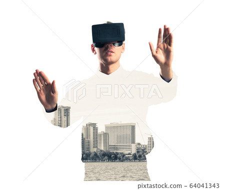 Guy wearing checked shirt and virtual mask stretching hands and Guy wearing checked shirt and virtual mask stretching hands and 64041343