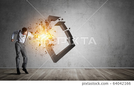Stone home silhouette as symbol for real estate insurance crashed by man Stone home silhouette as symbol for real estate insurance crashed by man 64042166