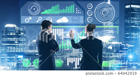Concept of partnership and cooperation with people using virtual interface 64042919