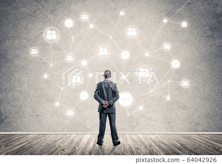 Connection lines drawn on concrete wall as symbol for networking 64042926