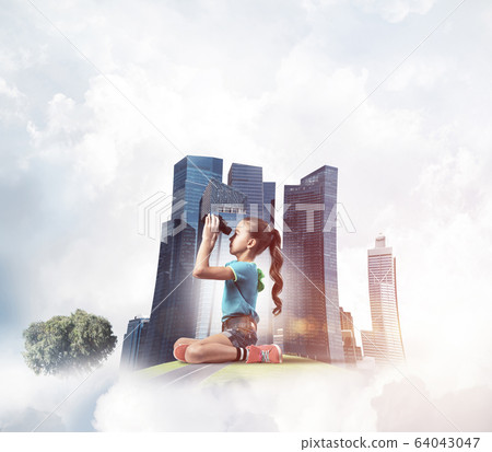 Concept of careless happy childhood with girl looking in future 64043047