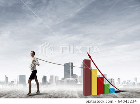 Businesswoman pulling arrow with rope and making it raise up Businesswoman pulling arrow with rope and making it raise up 64043234