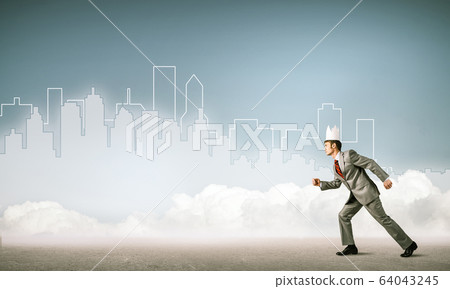 King businessman in elegant suit running and blue cityscape silh 64043245