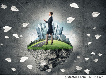 Confident lady boss and modern city as concept of eco green cons Confident lady boss and modern city as concept of eco green cons 64043324