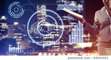 Digital background with infographs and lady extending papers or Digital background with infographs and lady extending papers or 64043401