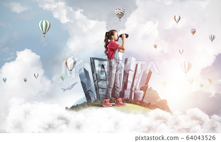 Concept of careless happy childhood with girl looking in future Concept of careless happy childhood with girl looking in future 64043526