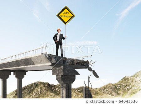 Confident engineer holding street safety sign. Confident engineer holding street safety sign. 64043536