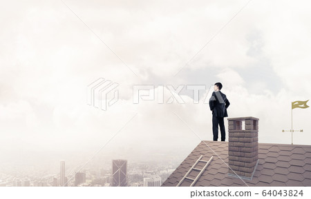 Mister boss on brick roof with arms akimbo. Mixed media 64043824