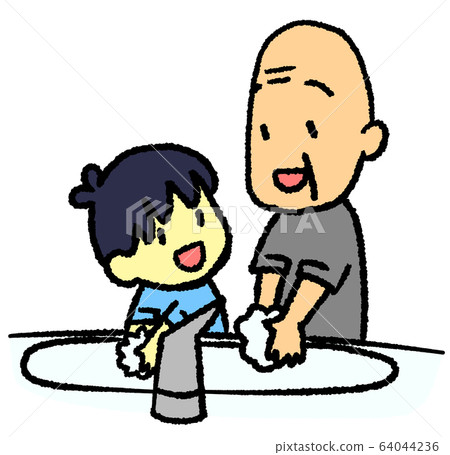 Grandpa and grandchild washing hands 64044236