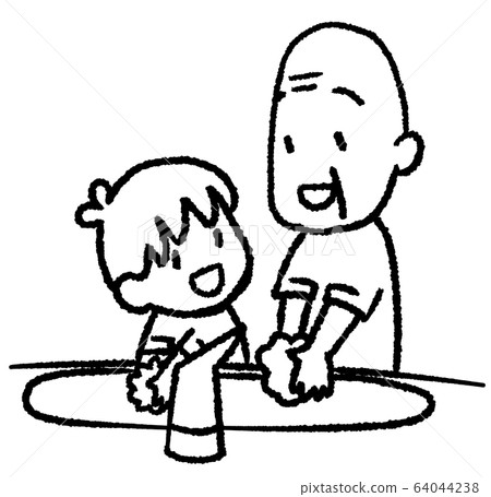 Grandpa and grandchild washing hands (line drawing) 64044238