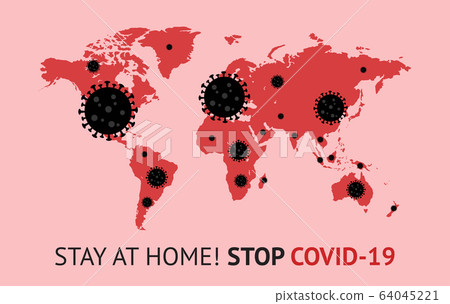 Covid-19 concept red world map with black bacteria cell Covid-19 concept red world map with black bacteria cell 64045221
