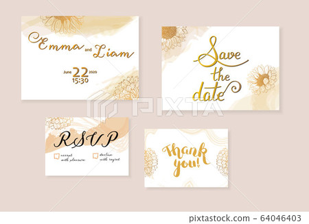 Vector wedding invitation set with Save the Date, RSVP and Thank You cards, suitable for hot foil stamping, with letteting, elegant flower drawings and brush strokes 64046403