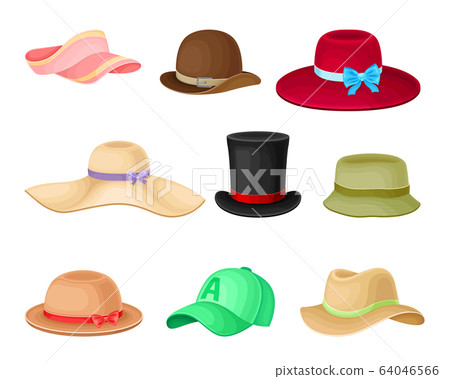 Female and Male Headwear or Headdress with Wide Brims Vector Set Female and Male Headwear or Headdress with Wide Brims Vector Set 64046566