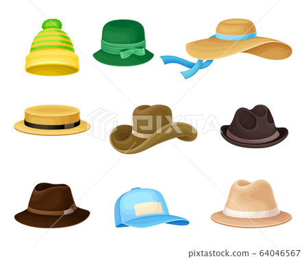 Female and Male Headwear or Headdress with Wide Brims Vector Set 64046567