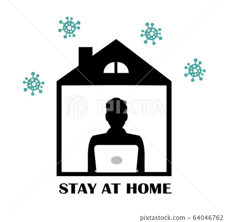 a man with a laptop works in quarantine stayed at home and viruses fly around 64046762
