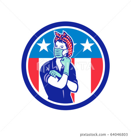 Rosie The Riveter Wearing Mask USA Flag Mascot 64046803