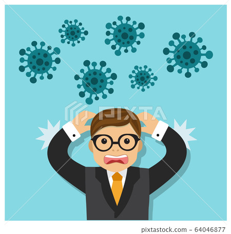 a man in a panic screams and fears and around the virus fly a man in a panic screams and fears and around the virus fly 64046877