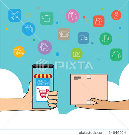Mobile application for shopping, Online supermaket, Smartphone with shopping app. Mobile application for shopping, Online supermaket, Smartphone with shopping app. 64046924