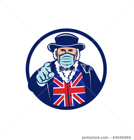 John Bull Wearing Surgical Mask Pointing Mascot John Bull Wearing Surgical Mask Pointing Mascot 64046969
