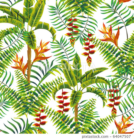 Flowers leaves tropical jungle seamless pattern - Stock Illustration ...